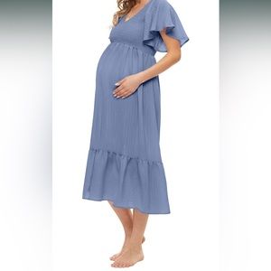 Dusty Blue Smocked V Neck Flutter Sleeve Maternity Midi Dress